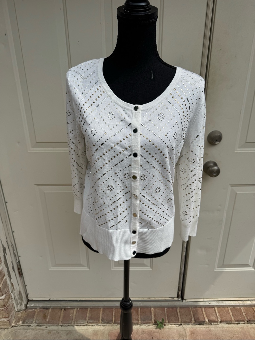White, Eyelet Button-Front, Cardigan Sweater